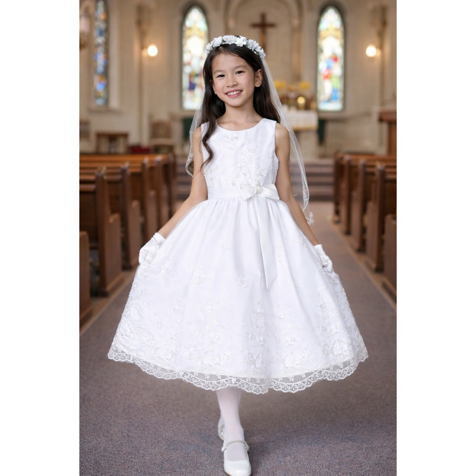 New Girls First Holy Communion Dress Size 10 - Emb Tulle Tea-Length Sequins